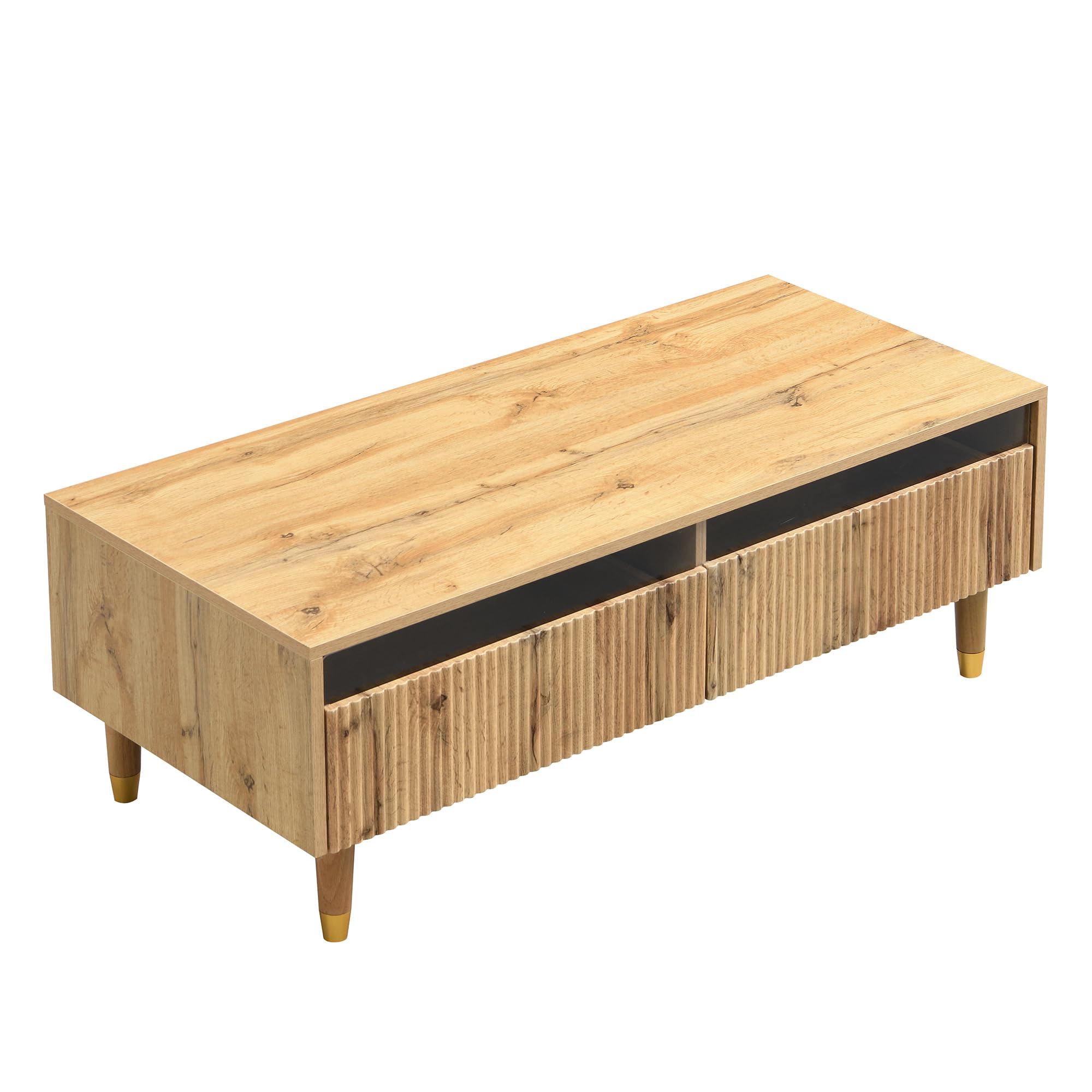 MURUL Mesa de centro moderna con cajón ondulado, patas de madera dorada, dos cajones