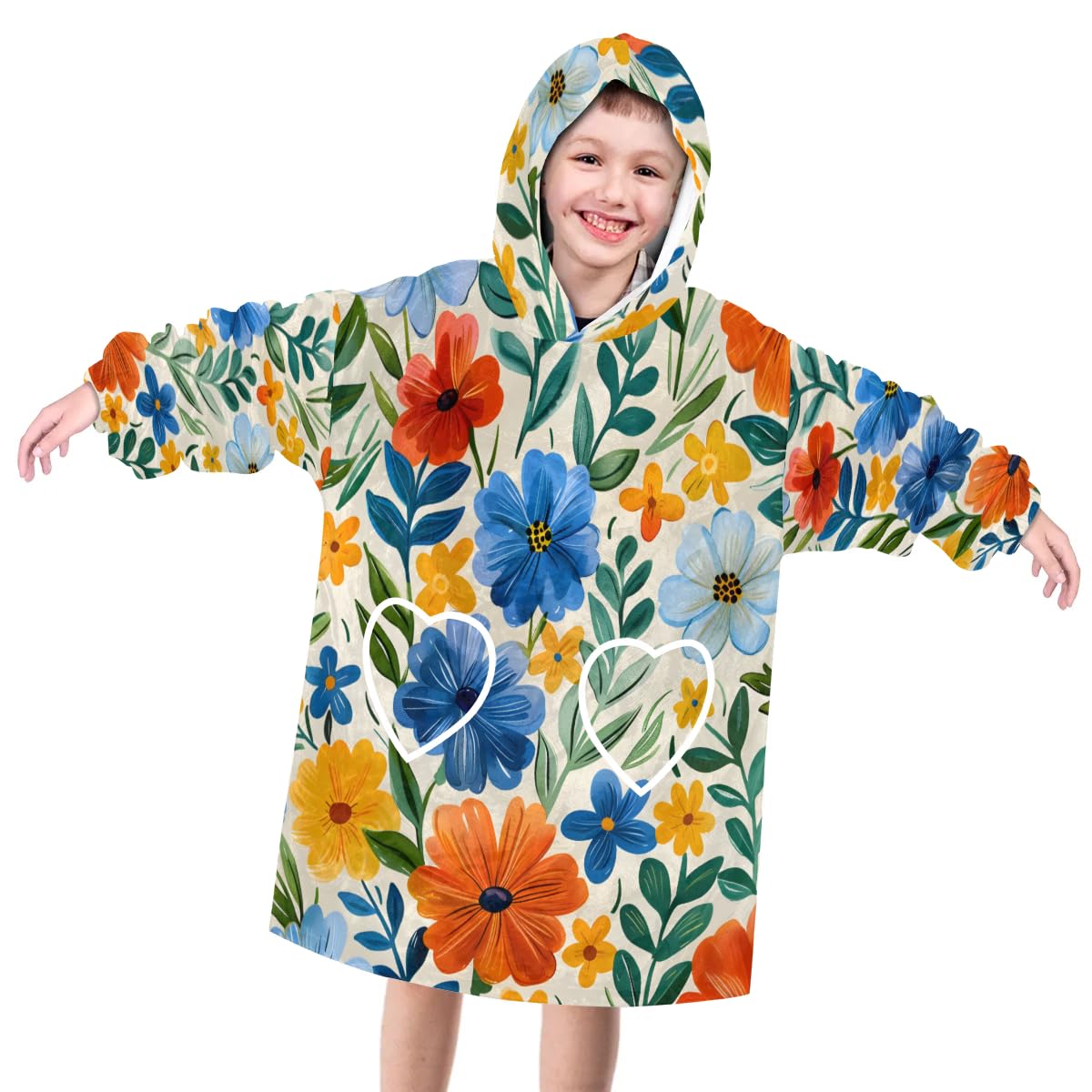Wearable Blanket Hoodie for Kids, Watercolor Floral Fleece Sweatshirt Blanket Oversized Blanket Sweatshirt with Pocket Flannel Warm Hooded Blanket 6-10 Year Old Girl Boy Gift, One Size