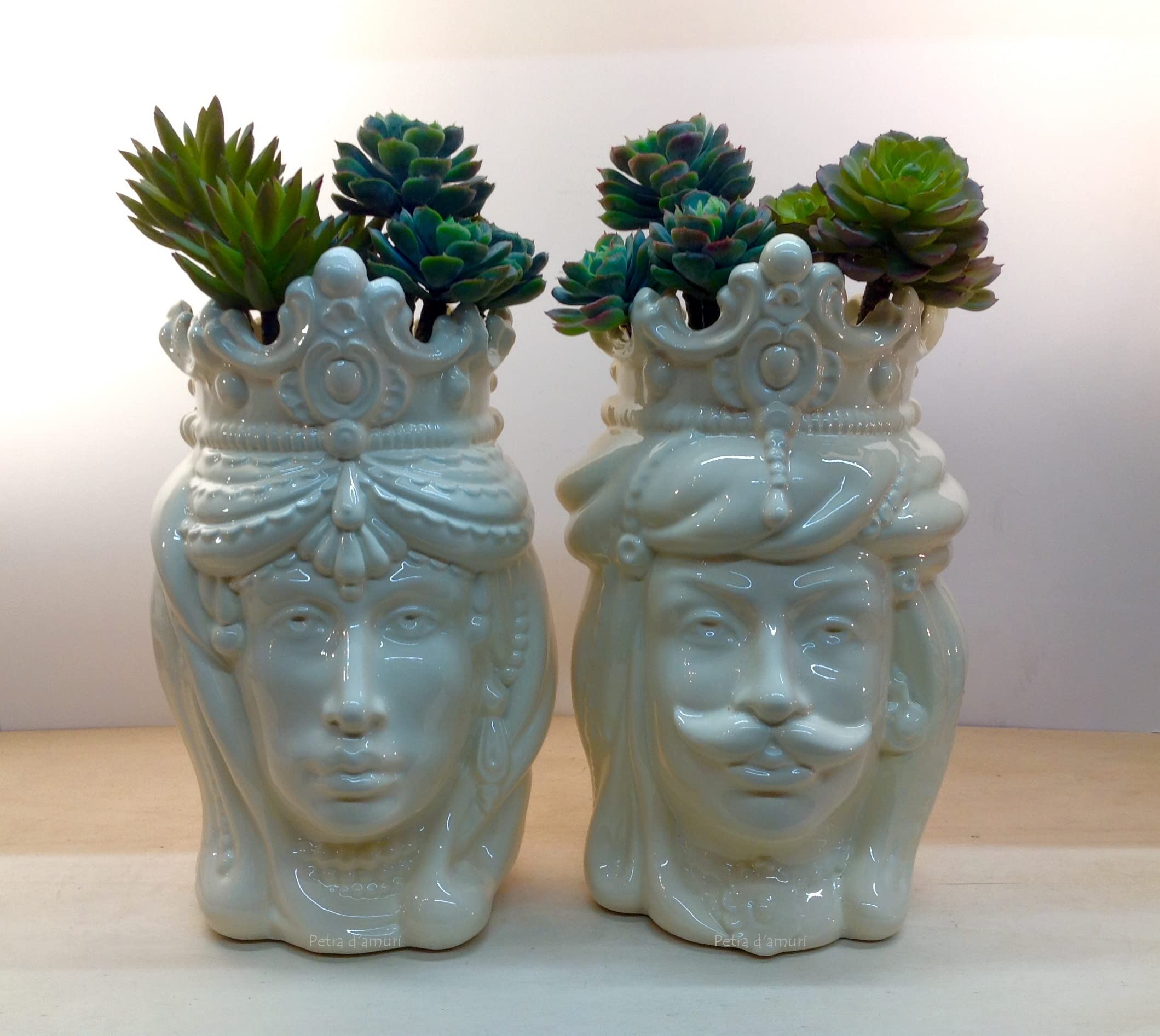 Pair of Sicilian modern handmade dark brown heads H 28 cm Petra d'amuri Hand Made in Sicily