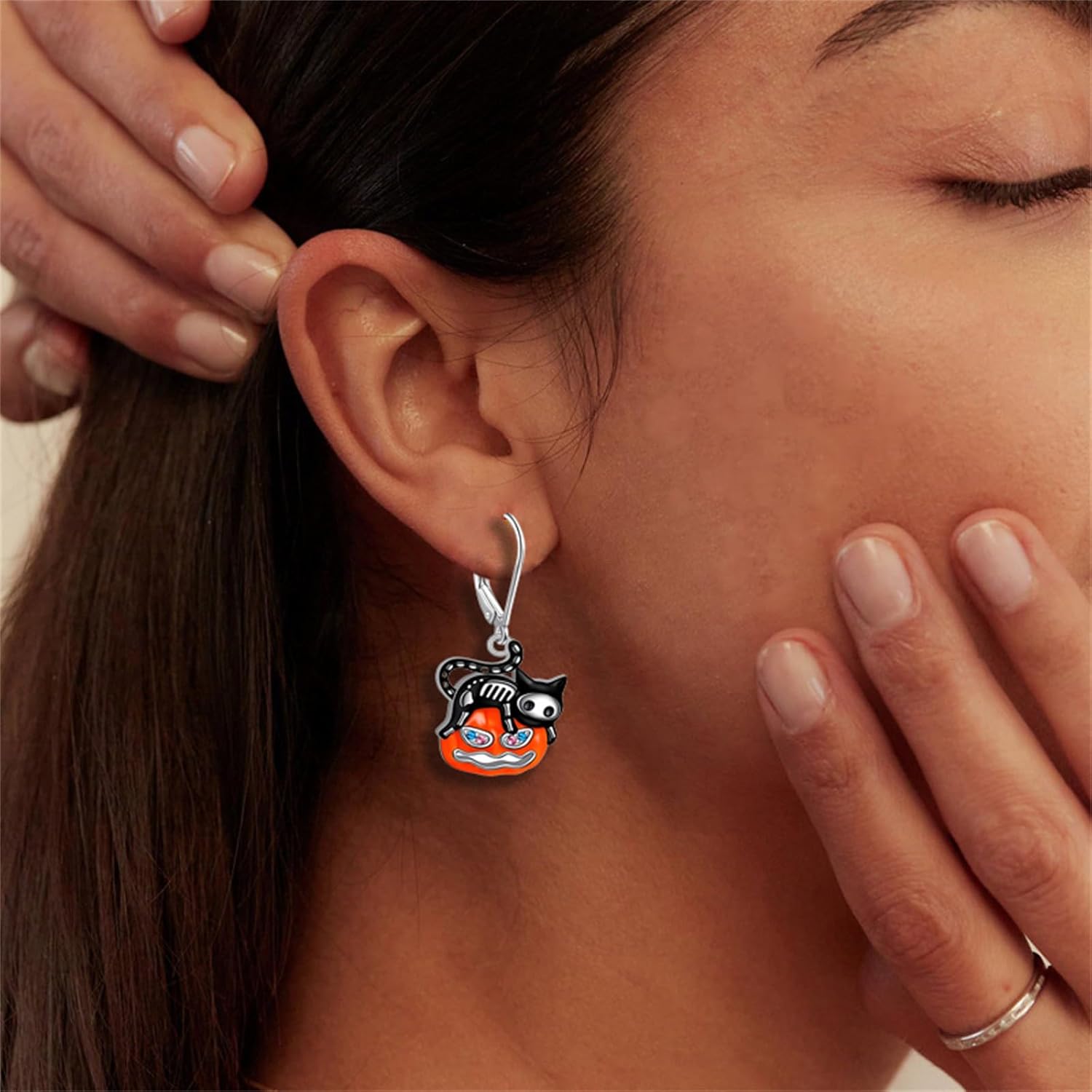 Funny Pumpkin Black Cat Hoop Earrings for Women Dainty Skeleton Crystal Enamel Earrings Happy Halloween Festival Sterling Silver Earring Thanksgiving Holiday Jewelry Gift - Image 2