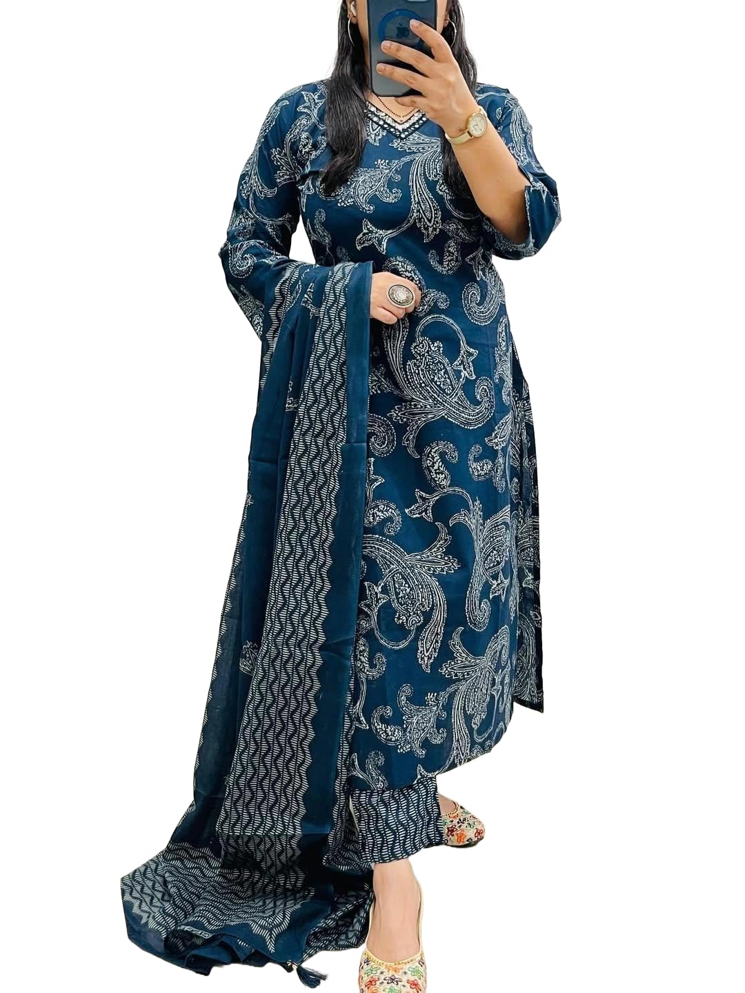 MEERA FAB Women Floral Printed Panelled Sequinned Pure Cotton Anarkali V-Neck Kurta with Trousers & Dupatta
