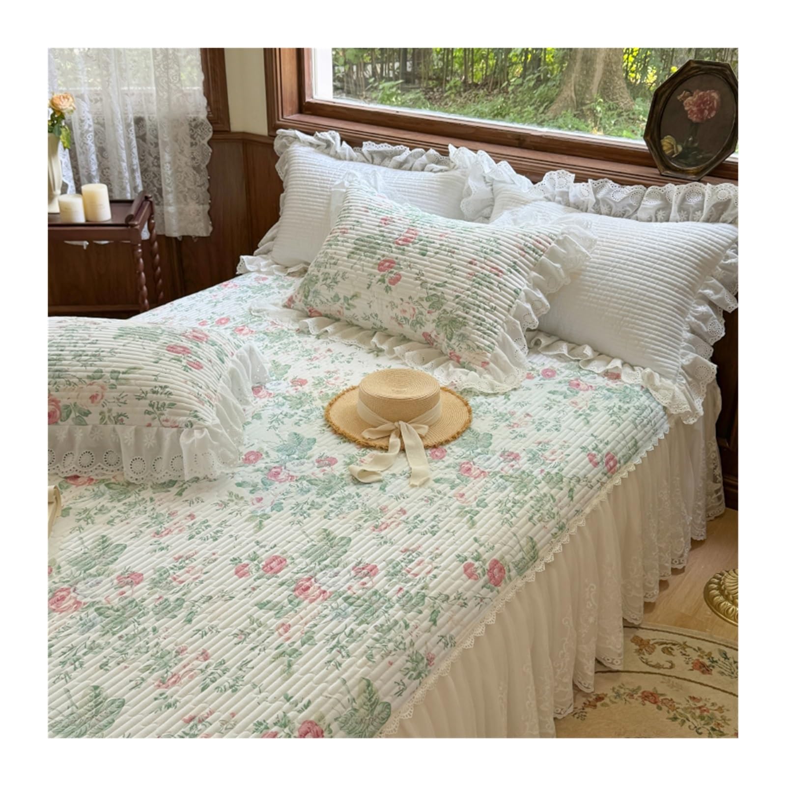 Bed Skirt 3Pcs Lace Ruffles Quilted Bed Skirt, Mattress Cover, Bedspread, Sheet, With Pillowcases, Suitable For 1.2M/1.5/1.8/2M(Color 01 48 * 33.0mm,180X220cm 3pcs)