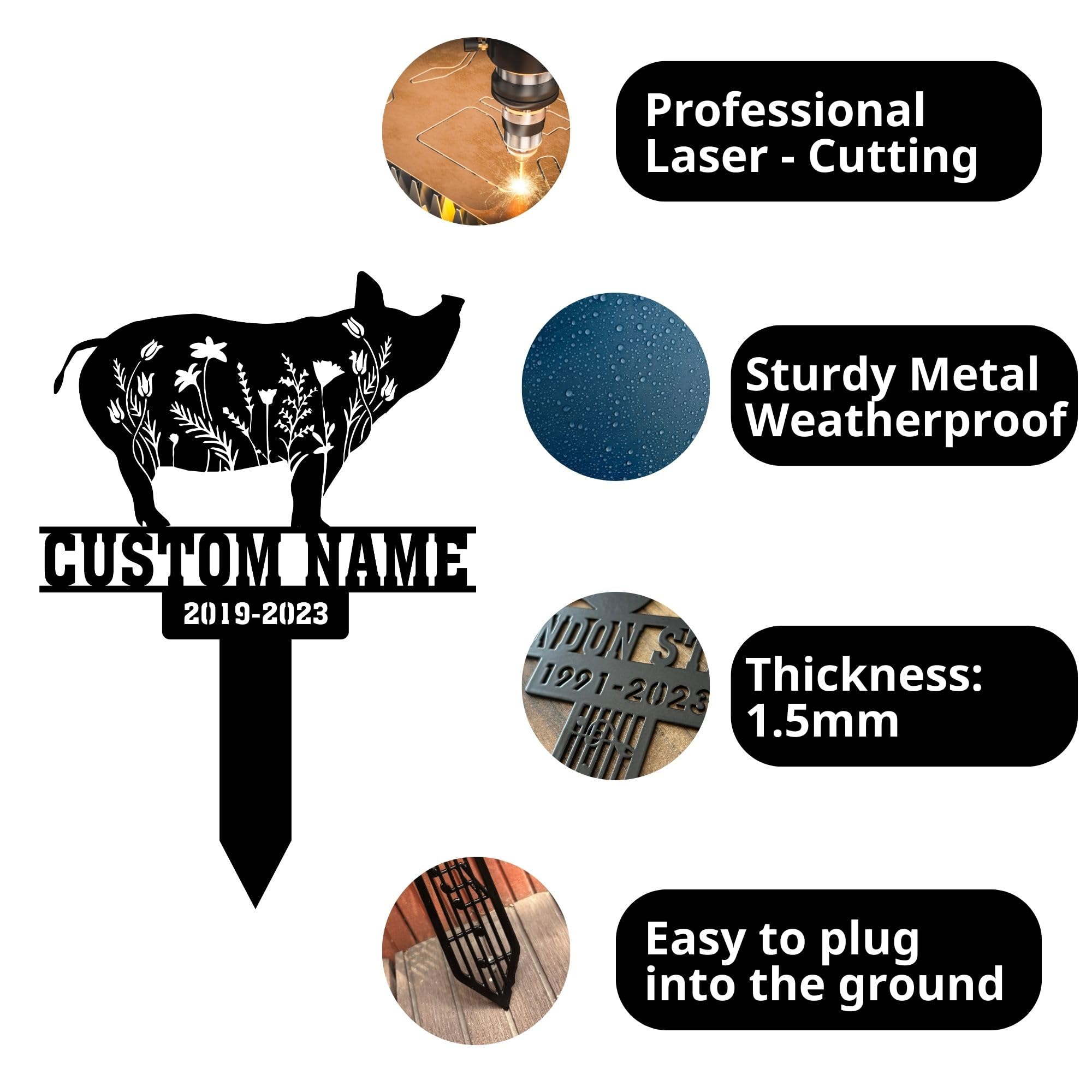 Homea Personalized Pig Floral Memorial Stake, Metal Pet Loss Grave Marker, Sympathy Plaque, Outdoor Yard Garden Stake