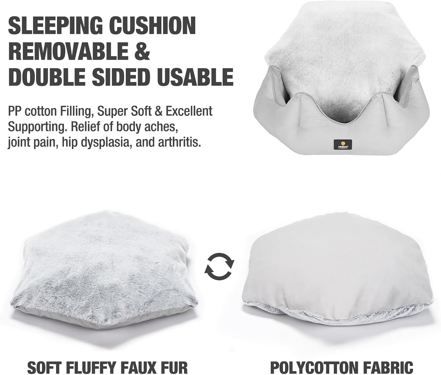 review Veehoo Round Donut Dog Bed, Petal Soft Indoor Pet Bed for Cats & Puppies, Machine Washable Cotton Cat & Dog Bed with Removable Cushion and Anti-Slip Bottom, Large, Grey