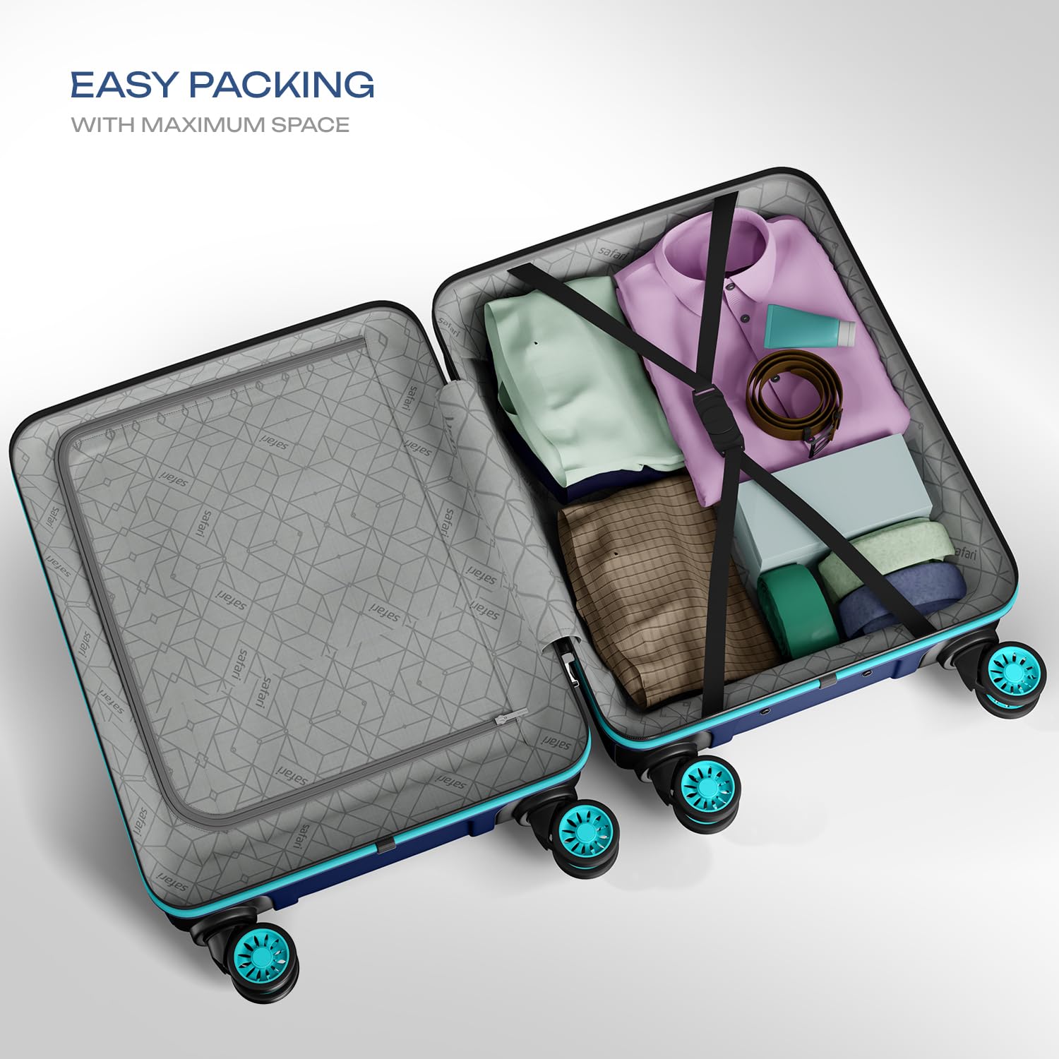 Safari Polypropylene Spinner Pentagon Pro 8 Wheels Set Of 3 (Cabin + Medium + Large) Trolley Bags, Hard Case, 360º Wheeling Luggage, Suitcase For Travel, Navy, 55, 65, 75 cm — Amazon image 5