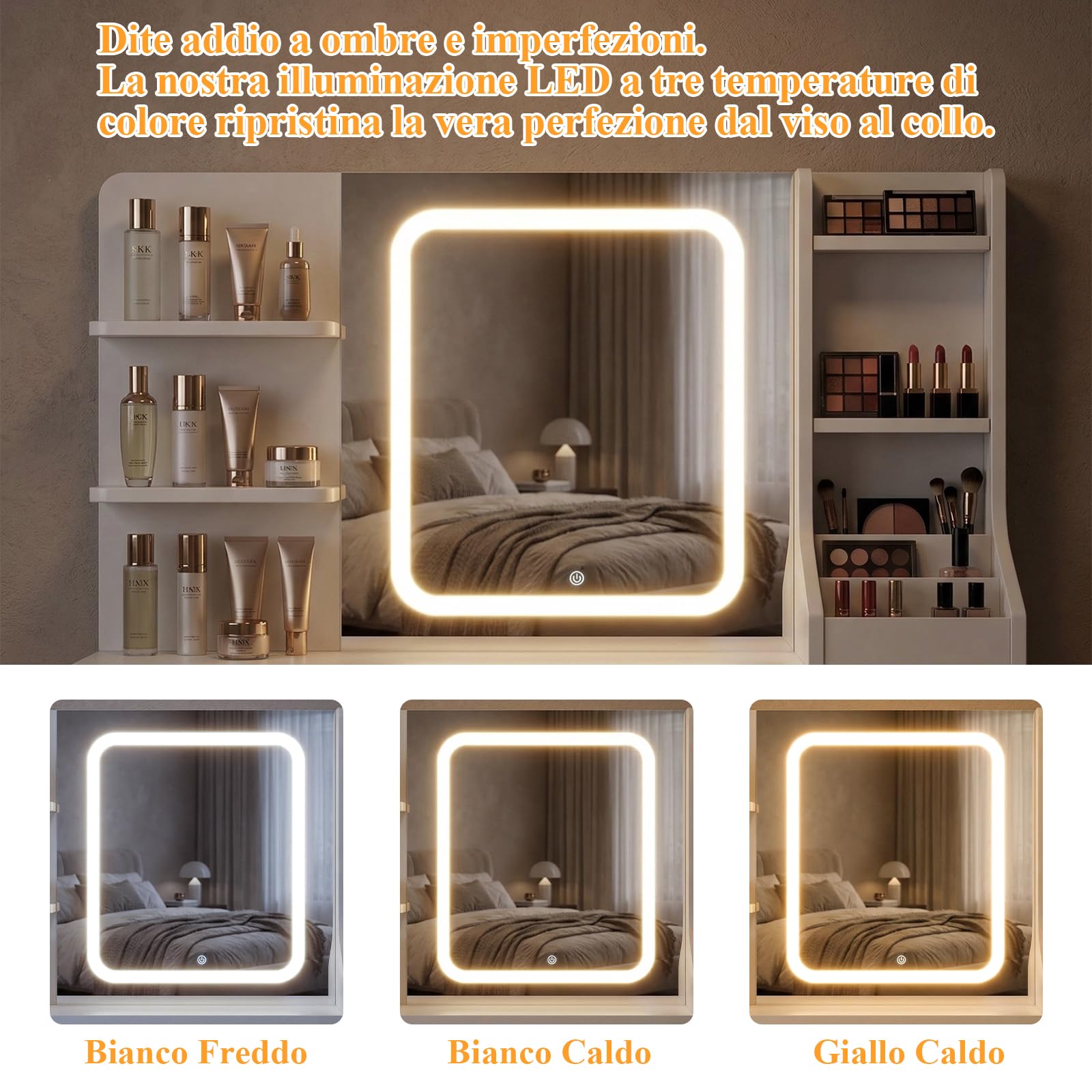 TRIUMPHKEY Toeletta Trucco con Specchio LED XL, Postazione Trucco 110cm con 7 Cassetti Alti per Bottiglie, 3 Ripiani, Design Eco-Sostenibile RCS, Regalo Perfetto, Bianco