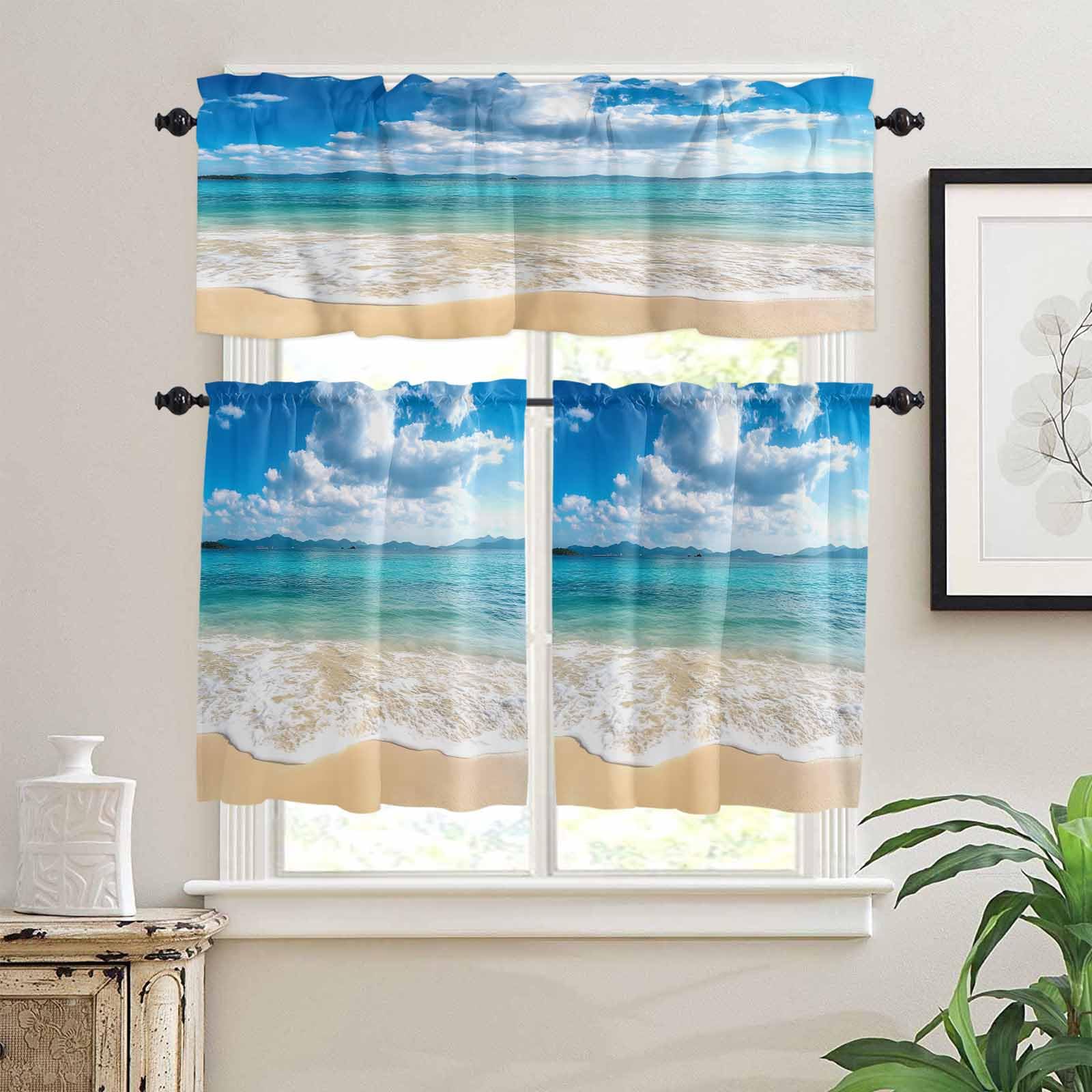 Ocean Beach Kitchen Curtains 36 Inch Length, 3 Piece Rod Pocket Small Half Tiers and Valance Set, Blue Sky Waves Sand Horizon Shore Summer Small Large Window Treatment Decor for Bedroom/Bathroom Sink
