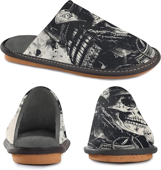 Mens Womens Memory Foam Scuff Slippers Samurai Warrior Skull Indoor Outdoor Slippers Size 4-5