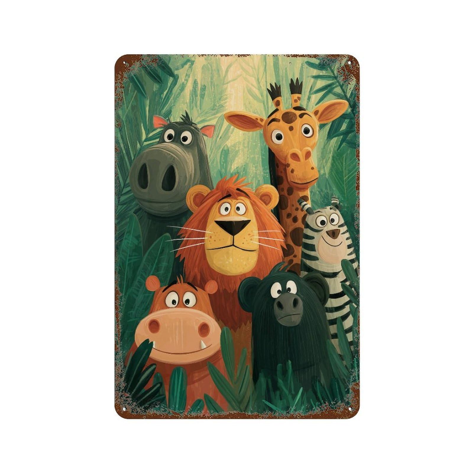 Jungle Animal Friends Decorative Tin Sign 11.8"x7.9", Vintage Wall Decor for Garage, Pub Or Kitchen