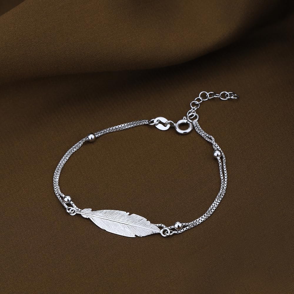 Vanbelle Sterling Silver Jewelry - Rhodium Plated with 925 Stamp - Double Layered Feather Charm Bracelet - Elegant handcrafted for Women - 6.5" long + 1" extender