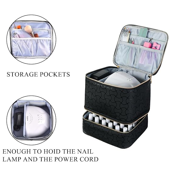 Upgraded Nail Polish Organizer Case - Holds 30 Bottles and 1 Nail Light, Double-layer Nail Bag Organzier Case Nail Polish Storage Bag with Handles (Black-HX)