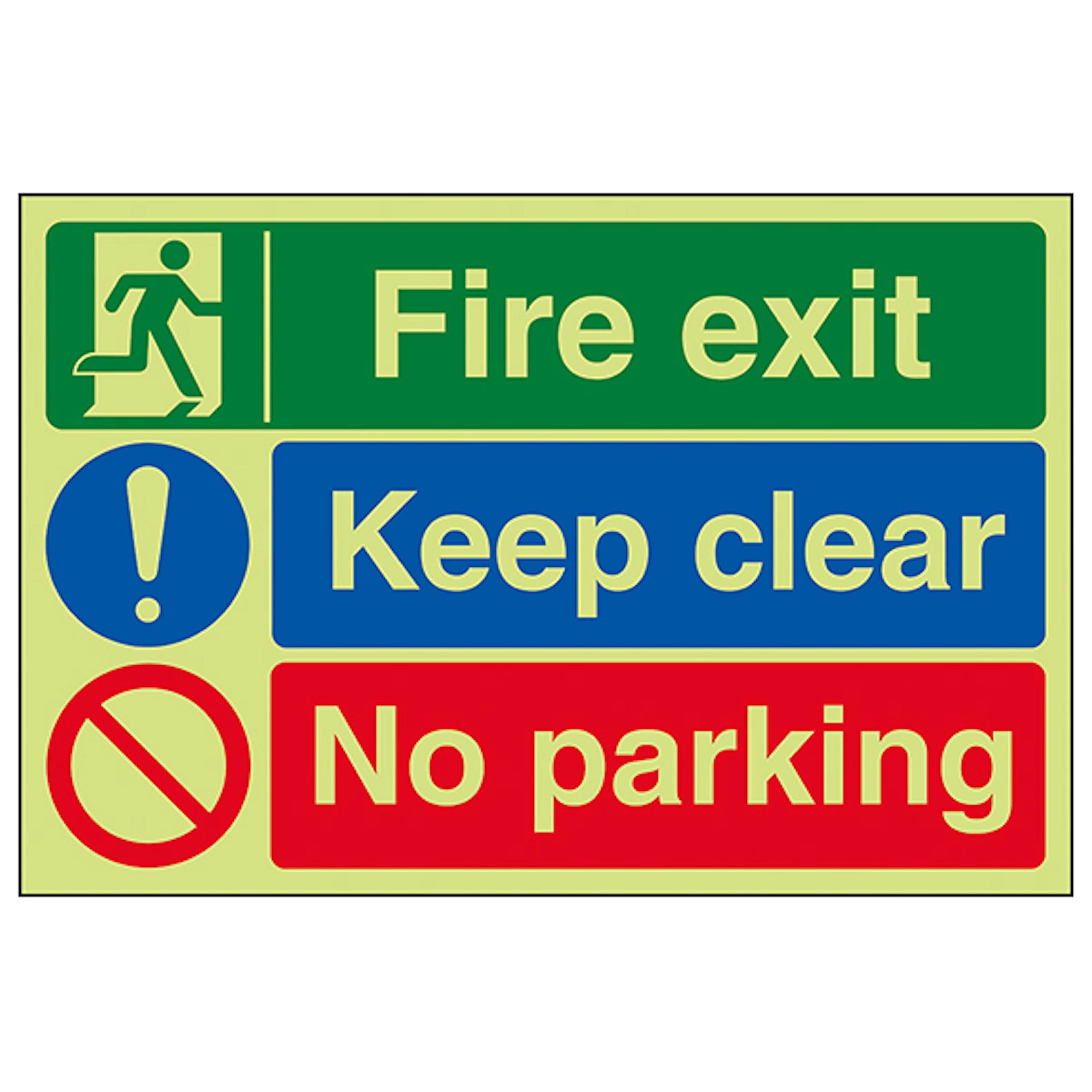 V Safety GITD Fire Exit/Keep Clear/No Parking 300 x 200 mm - Glow In The Dark Self Adhesive Vinyl Safety Sign