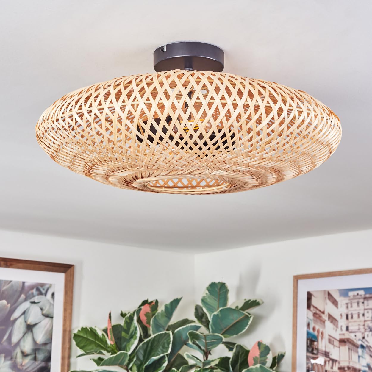 HOFSTEIN Deckenleuchte Boggsjo, Deckenlampe aus Metall/Bast in Schwarz/Naturfarben, runde Leuchte im Boho-Design (Ø 50 cm) mit tollem Lichteffekt, E27, Esszimmer, Wohnzimmer, Schlafzimmer, Küche