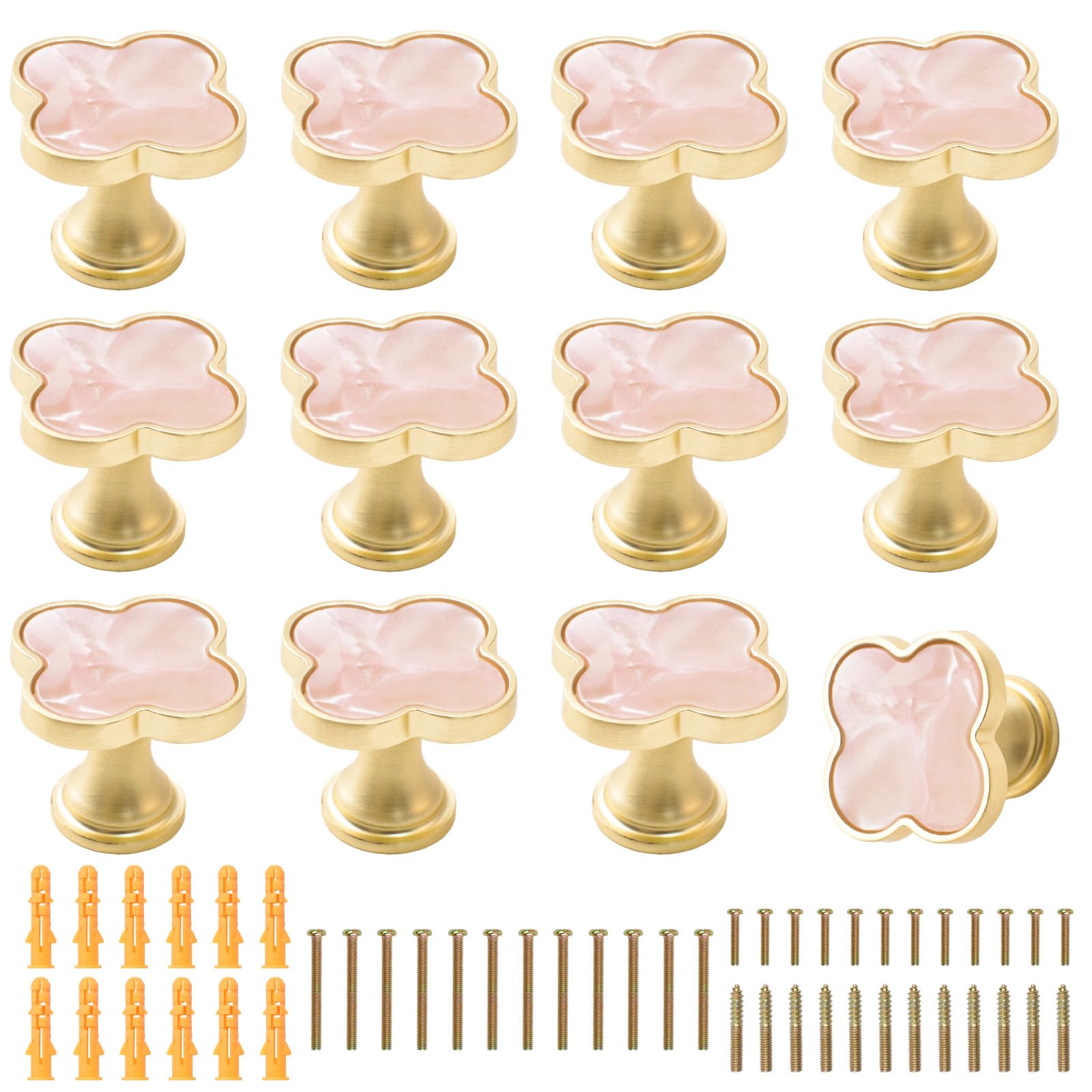 MOROBOR 12 PCS Four-Leaf Clover Handle, Creative Cabinet Drawer Pulls Multifunctional Single Hole Zinc Alloy Knobs for Dresser Wardrobe Door Furniture Accessories/Gold Base with Pink Surface — image 1