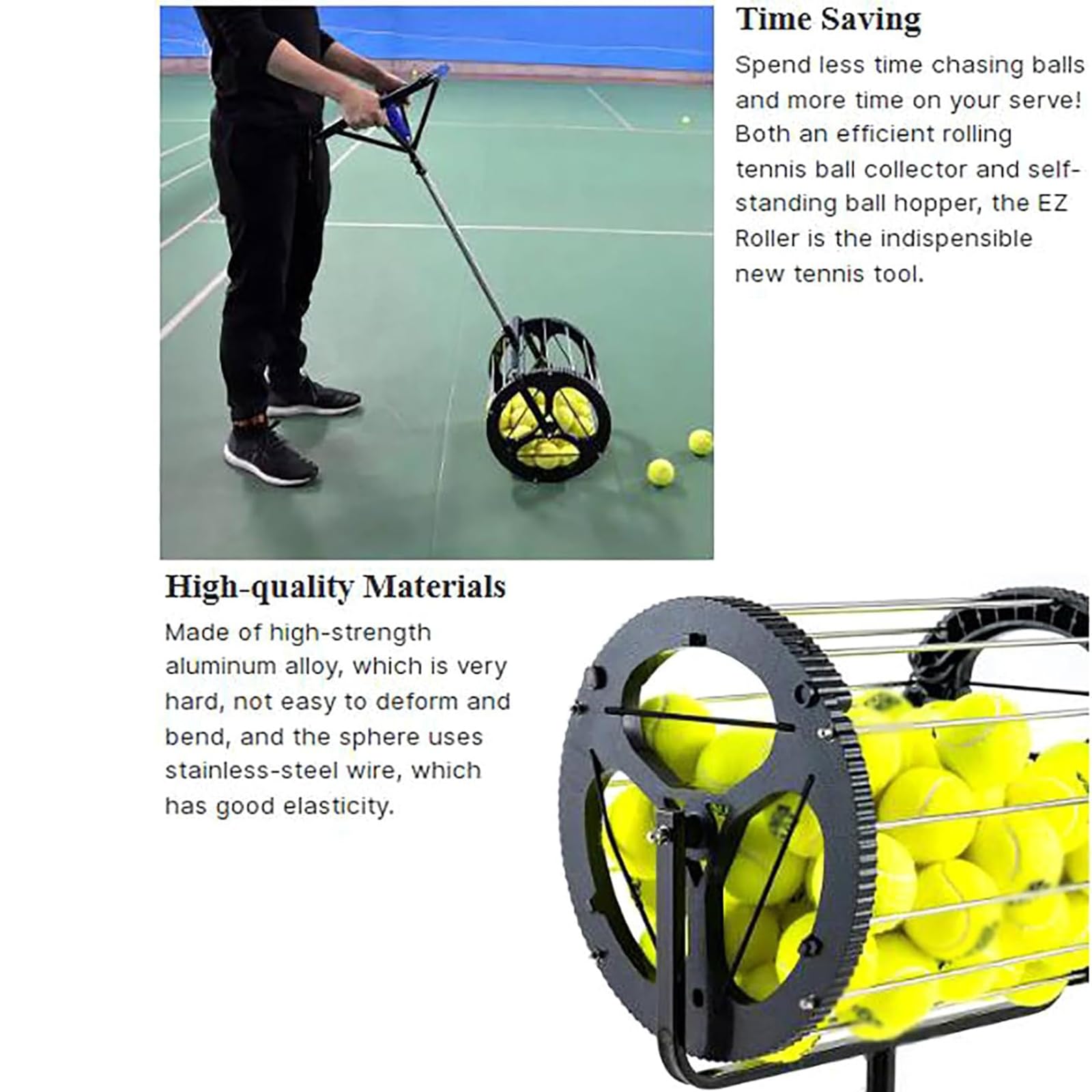 Tennis Ball Collector, 2 in 1 Tennis Balls Pickup Rollers Tool, Telescopic Tennis Ball Roller Hopper Pickup, 80 Balls Capacity, for Schools Coaches Clubs Picking and Storage Balls