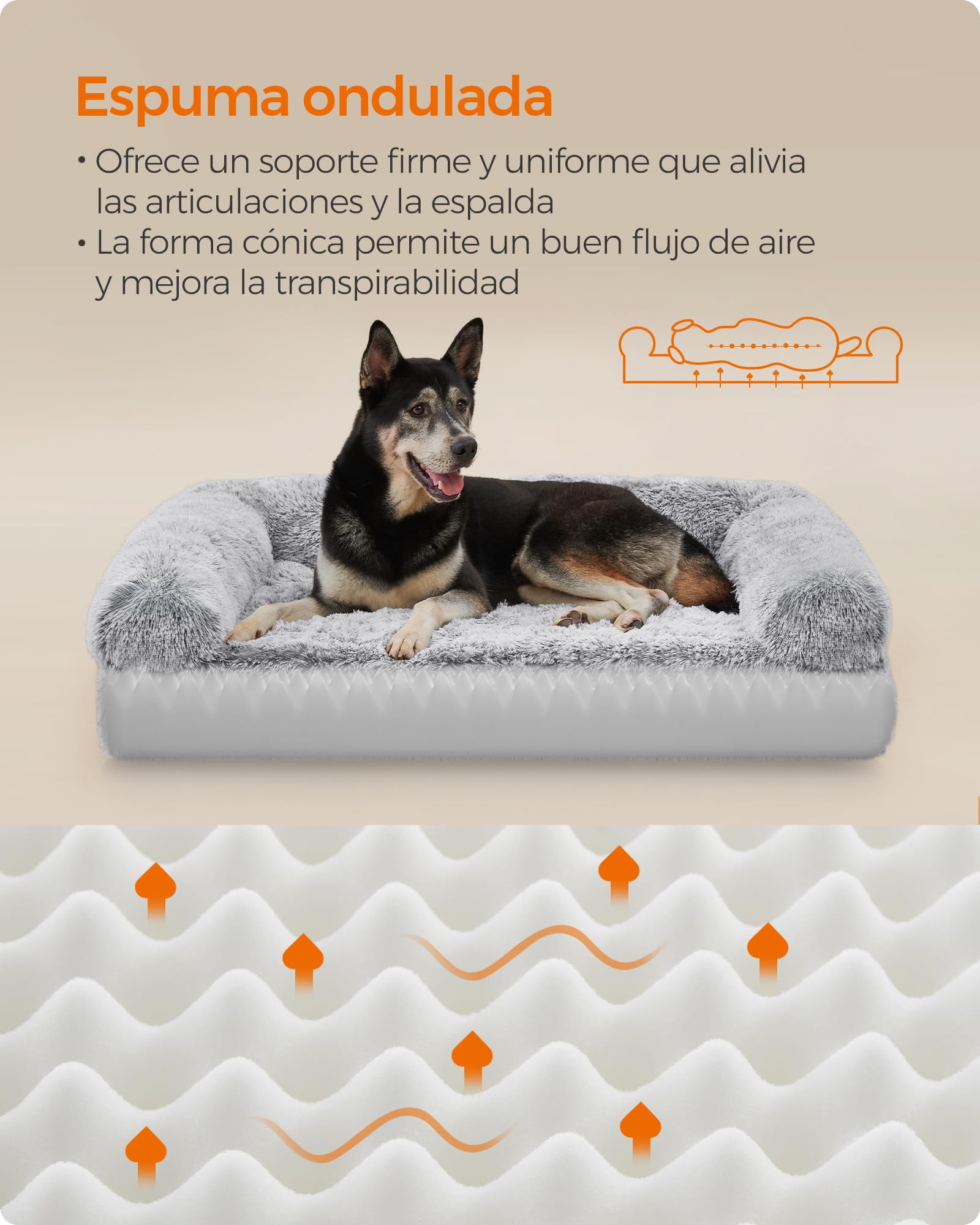 Feandrea FluffyHug Cama para Perros, XL Sofá para Perros Medianos y Grandes, Cama para Mascotas de Espuma con Funda Lavable Extraíble, 106 x 80 x 23 cm, Gris Ombré PGW233G01