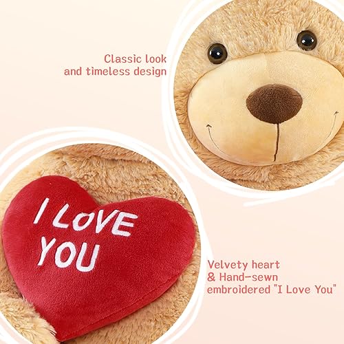 Miniatura 7 de BENINY Oso de peluche gigante de corazón rojo, oso de peluche grande marrón con bordado "I Love You" para novia, oso de peluche grande de San
