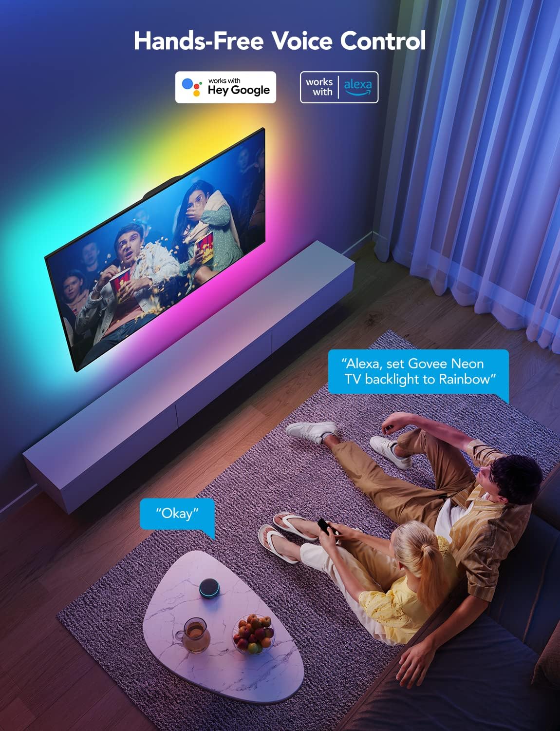 Person using voice control with Govee TV LED backlight