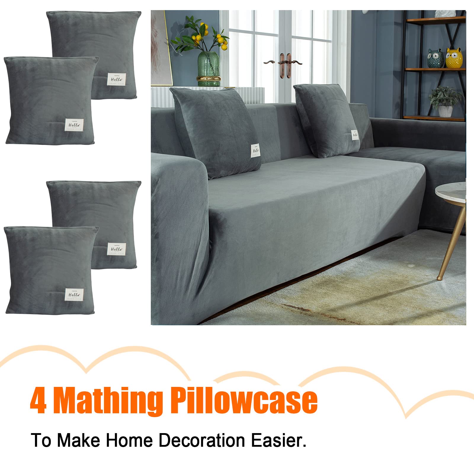 GKXLH Housse de canapé 3 places en forme de L en velours doux pour canapé 3 places + 4 housses de coussin pour canapé sectionnel en forme de L (gris, 3 + 3 places)