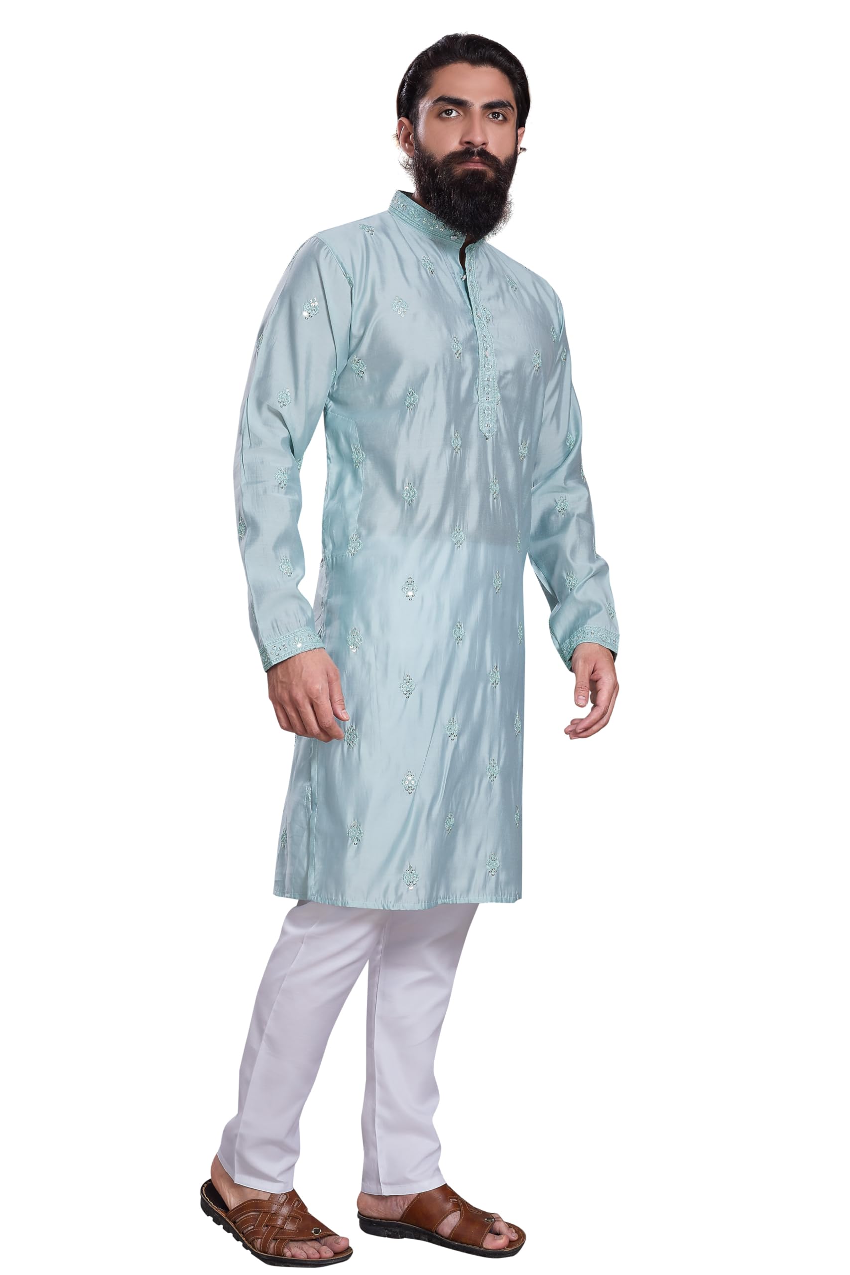 Divisive Men's Embroidered Cotton Silk Blend Only Slim Fit Kurta (Dkrt213_Xl_Sea Green)