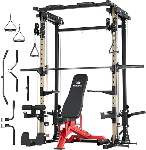 Miniatura 7 de MAJOR FITNESS Drone3 Smith Machine, 2500 libras todo en uno para gimnasio en casa con sistema de polea doble para cable cruzado, barras de dominadas