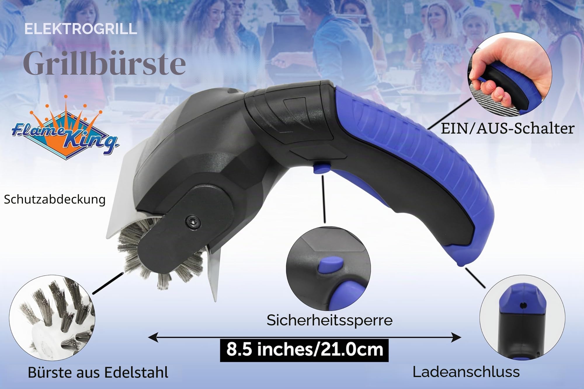 Flame King Elektrische Staubbürste für Grill, kabellos und wiederaufladbar, Edelstahlborsten, Grillarten