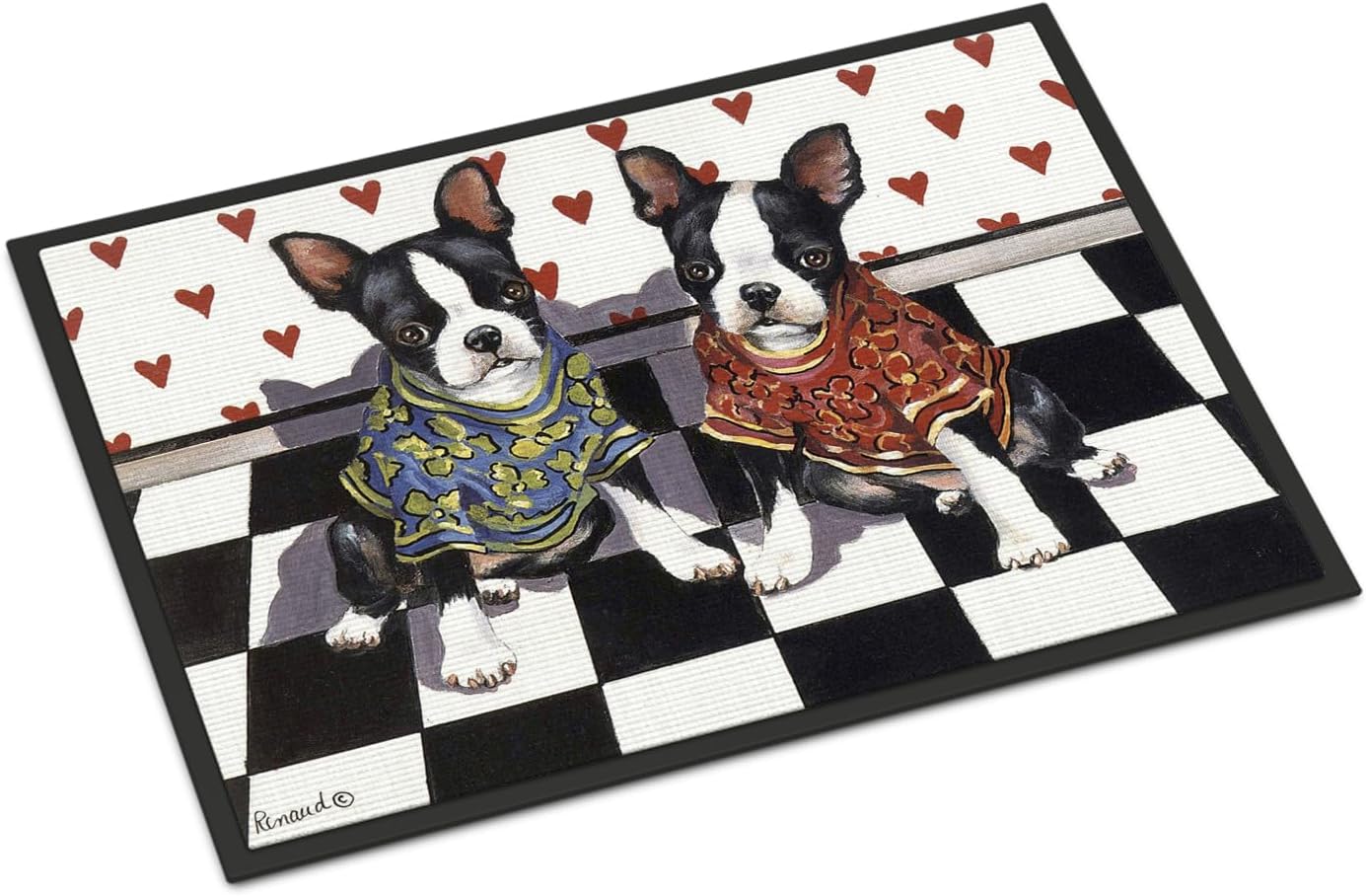 Caroline's Treasures PPP3249MAT Boston Terrier Puppy Love Doormat 18x27 Front Door Mat Indoor Outdoor Rugs for Entryway, Non Slip Washable Low Pile, 18H X 27W