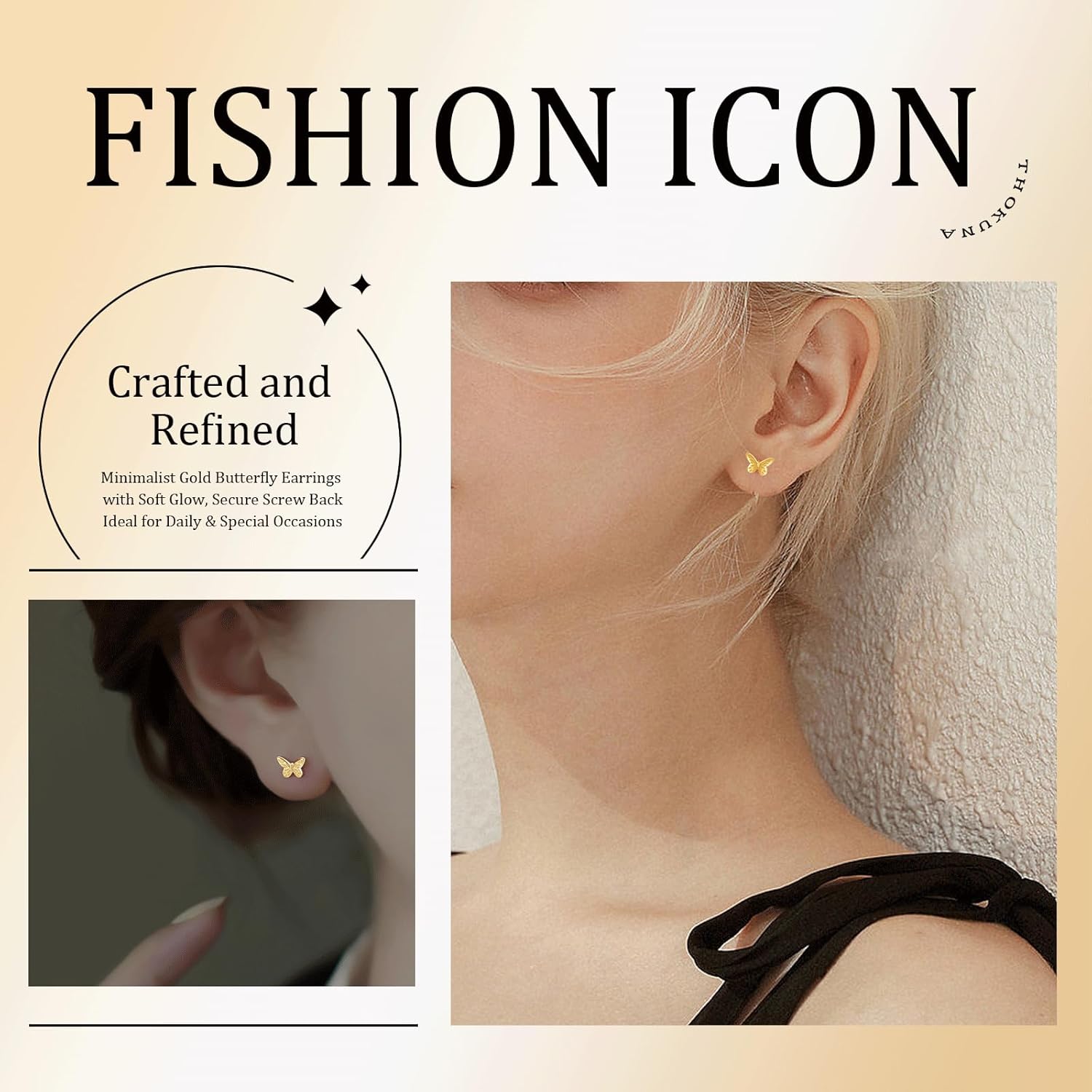 THOKUNA 18K Gold Plated Sterling Silver Screw Back Small Trendy Dainty Cute Butterfly Stud Earrings for Women with Jewelry Rose Box - Image 3