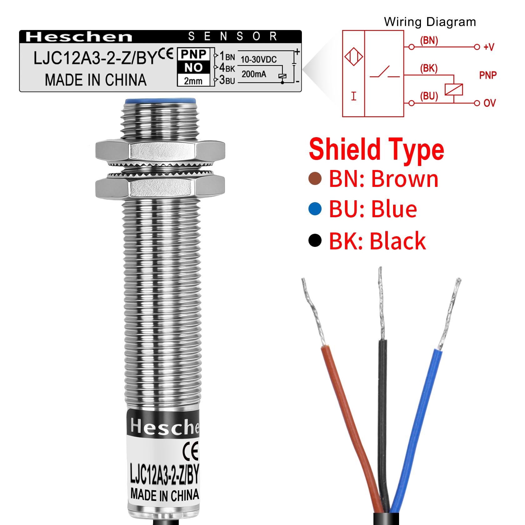 Heschen M12 Kapazitiver Näherungssensor Schalter Schildtyp LJC12A3-2-Z/BY Detektor 1-2mm 10-30VDC 200mA PNP Normalerweise Offen(NO) 3 Drähte