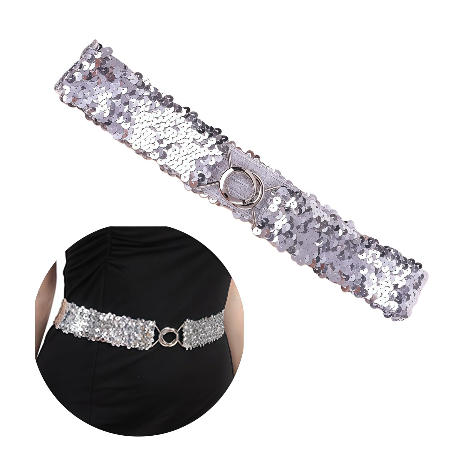 Samheng Women's Silver Sequin Belts For Stretchy Glitter Belt Shiny 80S Belts For Elastic Waistband Cinch Belt With Metal Buckle For 80S Costume Party Disco Party,