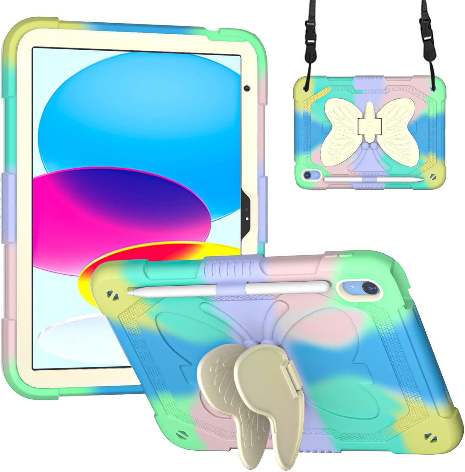 Dteck iPad A16/10th Generation 2025/2022 Case with Kickstand Butterfly Wings Pencil Holder, Heavy Duty Hard Rugged Protective Kids Girls Cover for iPad 10th Gen 10.9 Inch 2022,Colorful/Green