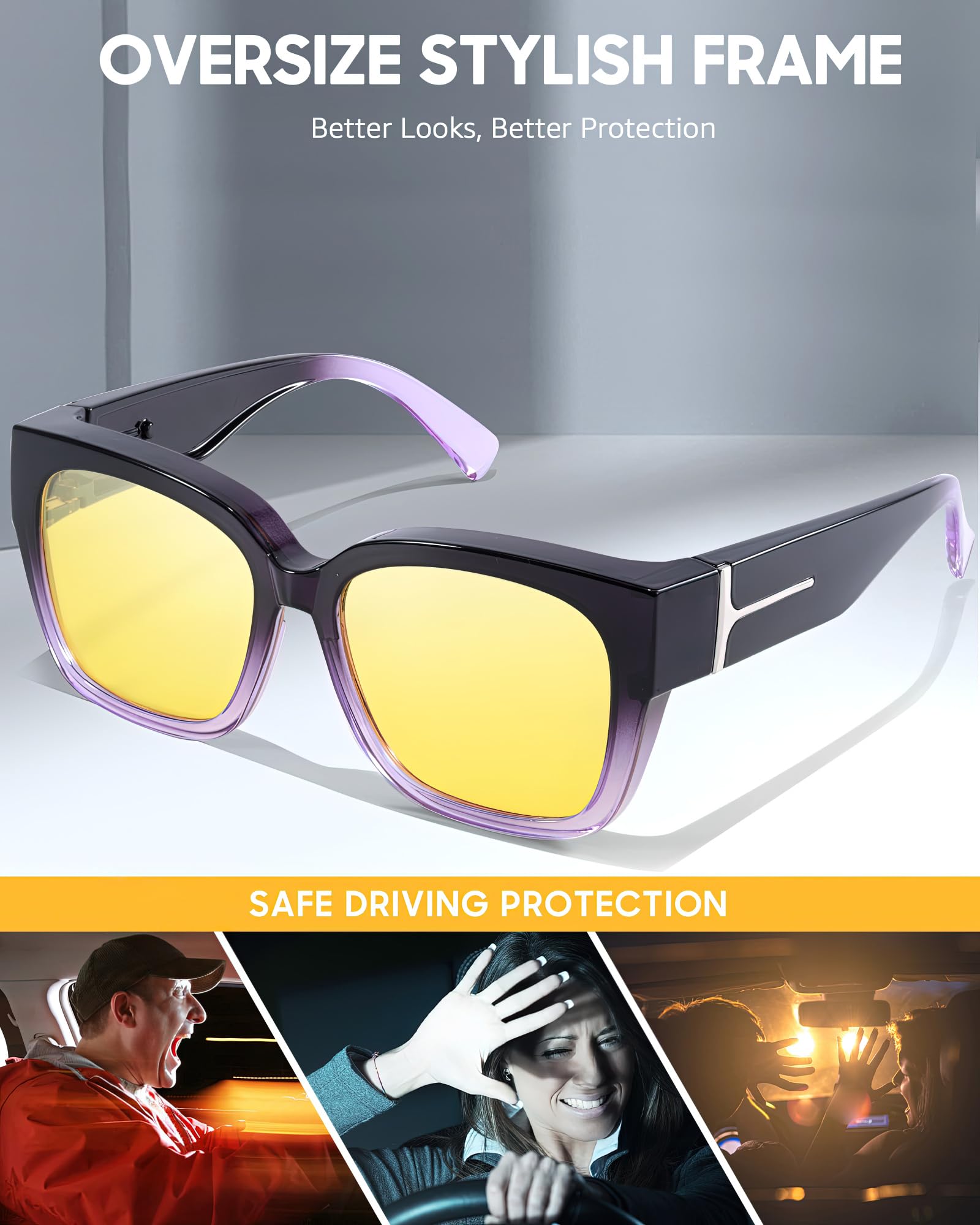 SIPHEW Polarisiert nachtfahrbrille für Brillenträger - Große Überbrille mit gelben Gläsern für Autofahrer: Überzieh-Nachtsichtbrille für Fahren bei Nacht und Tag UV400 Schutz