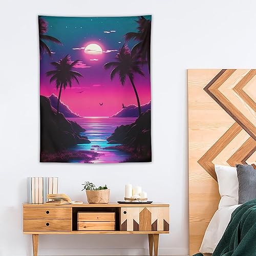 Miniatura 4 de QEOPGNE Tapiz grande para colgar en la pared, diseño nostálgico, retro, neón, atardecer, Synthwave, banderas de pared moradas, tapiz para