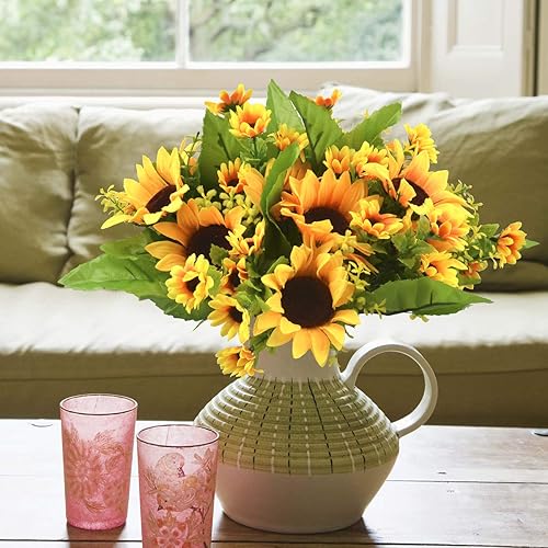 Miniatura 3 de FULAWEIER Ramo de girasol artificial 4 racimos de girasol falso de seda flores amarillas sintéticas para interiores y exteriores maceta colgante