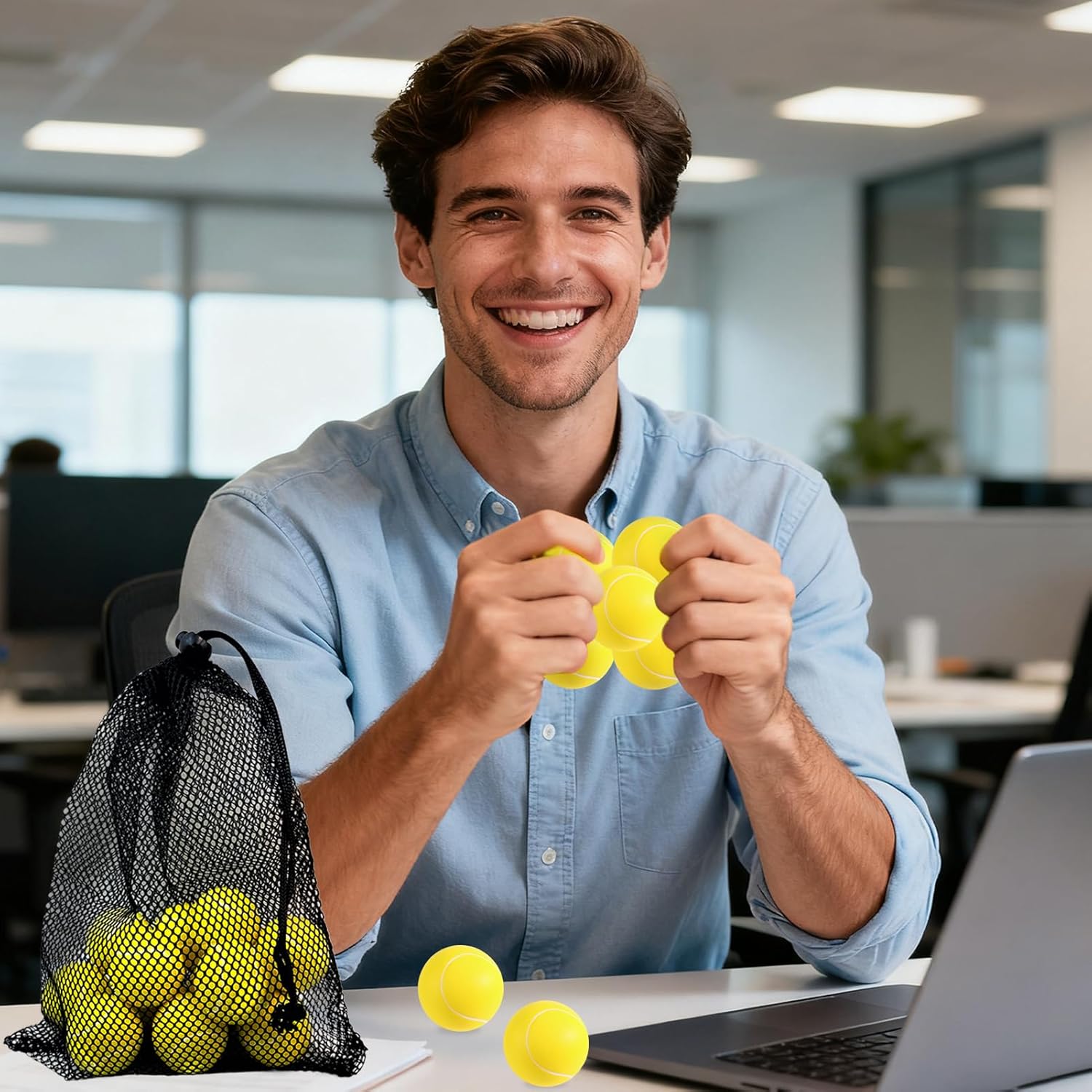 Pack of 12 Stress Balls, Mini Sports Balls, Anti-Stress Ball, Tennis Stress Balls, Foam Ball with Storage Bag, Anti-Stress Gifts for Adults (Yellow)