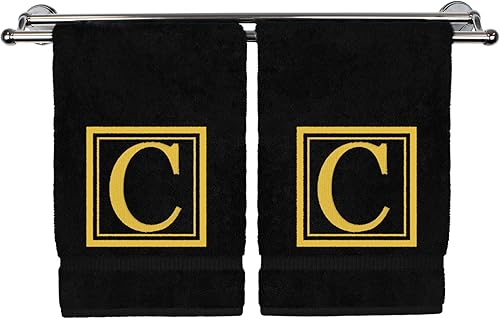 Miniatura 113 de Monogrammed Hand Towel, 16 x 30 Inches Set of 2, Personalized Gift- White Letter Embroidered with Square Design on Black Towel - Extra Absorbent