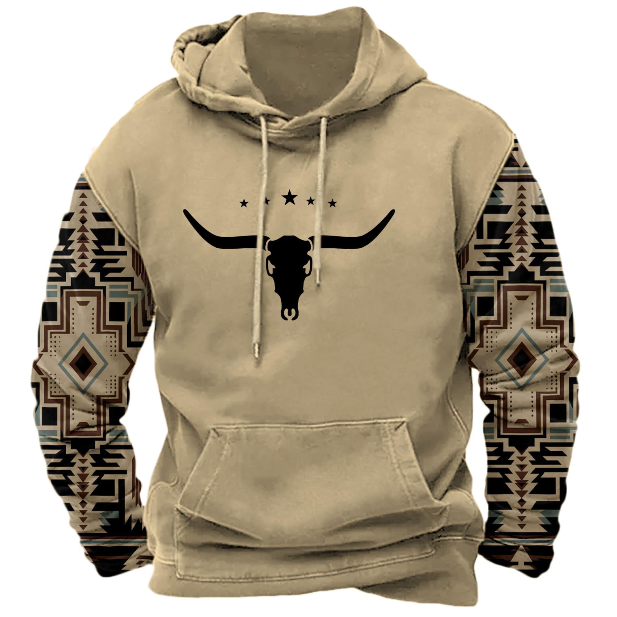 DMOYALA Men's Aztec Cow Skull Hoodie Western Sweatshirt with Hood Vintage Ethnic Tribal Graphic Patchwork Pullvoer