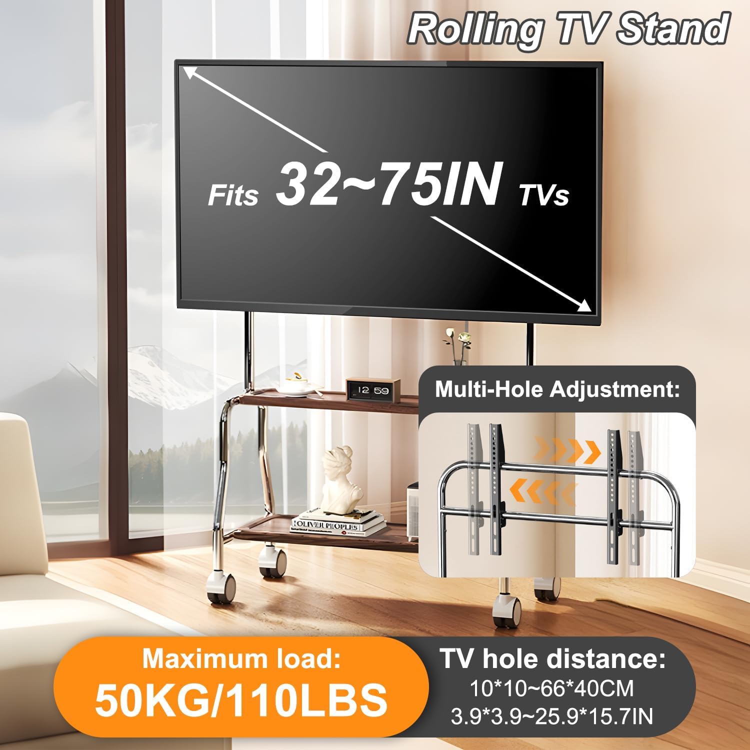 Rolling TV Stand for 32-75 Inch TVs up to 110 lbs, Adjustable Heights Steel Mobile TV Cart with Storage Shelves, Portable TV Stand on Wheels for Living Room, Bedroom, Business, School