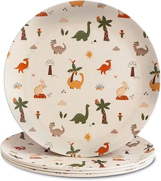 Nook Theory 4 Pack Reusable Bamboo Plates - Non-Toxic Toddler and Kids Plate, Dishwasher Safe, Not Microwavable Dinnerware Dino 8"
