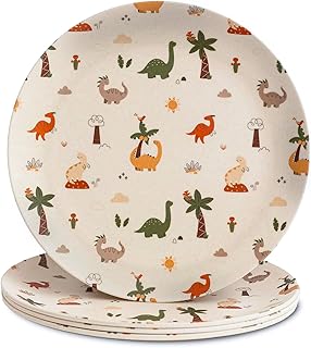 Nook Theory 4 Pack Reusable Bamboo Plates - Non-Toxic Toddler and Kids Plate, Dishwasher Safe, Not Microwavable Dinnerware (Dino 8")