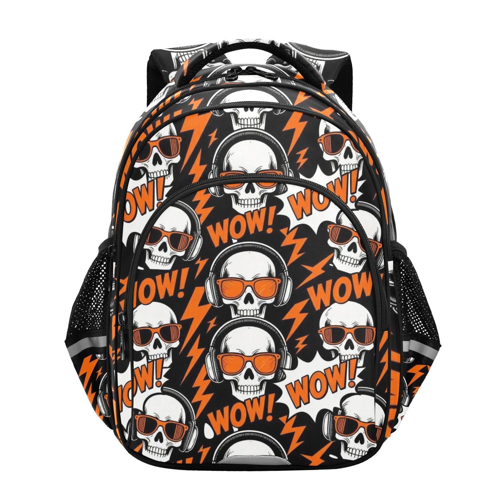 KLL Mochila escolar para niños y niñas, bolsa de guardería, mochila de viaje para niños, diseño de calavera, gafas de sol, música rock, naranja