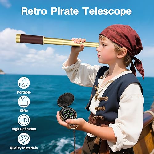 Miniatura 2 de Telescopio pirata retro 25x30 Spyglass portátil plegable telescopio de mano zoom vintage monocular colección clásica brújula para camping, caza,