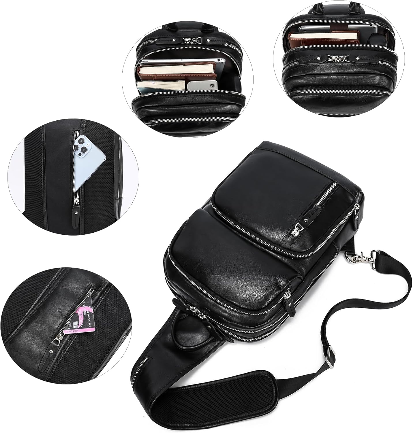 LANNSYNE Full Grain Leather Sling Bag For Men, Crossbody Bag fits 12.9" iPad Crossbody Chest Daypack - Image 5