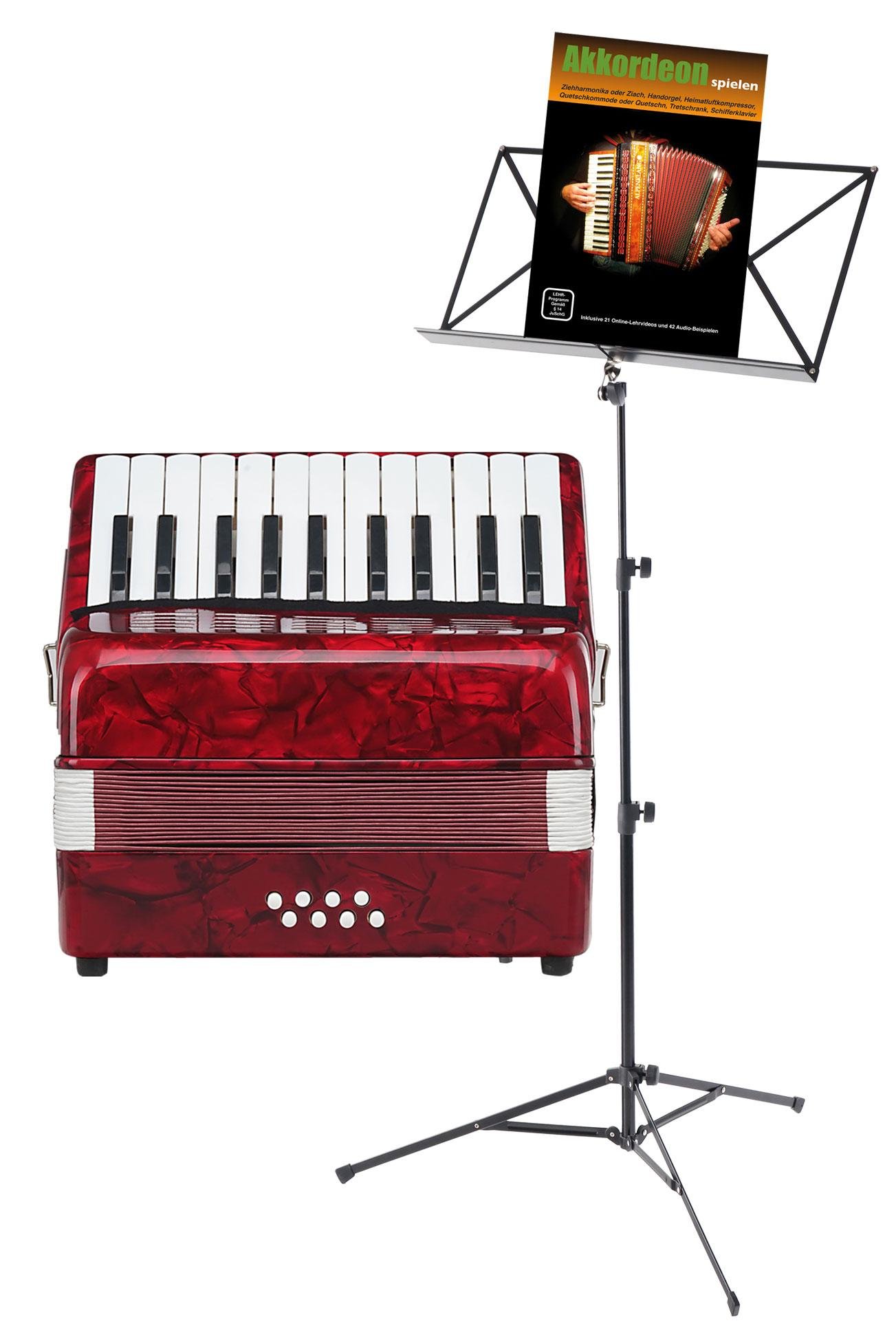 Classic Cantabile Secondo Acordeón Infantil 8 Bajos Set Rojo, Peso: 2 | Acordeón para niños, 22 teclas de agudos, 8 teclas de bajos, 4 kg, Dimensiones (An x Pr x Al en cm): 28, 5 x 16 x 28, Atril