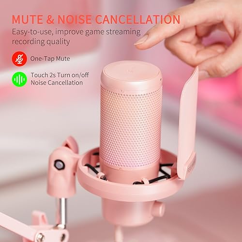 Vista 2 de FEELWORLD VM1 - Micrófono de condensador USB rosa para juegos de PC con cancelación de ruido, botón de silencio, luz RGB, accesorios de computadora