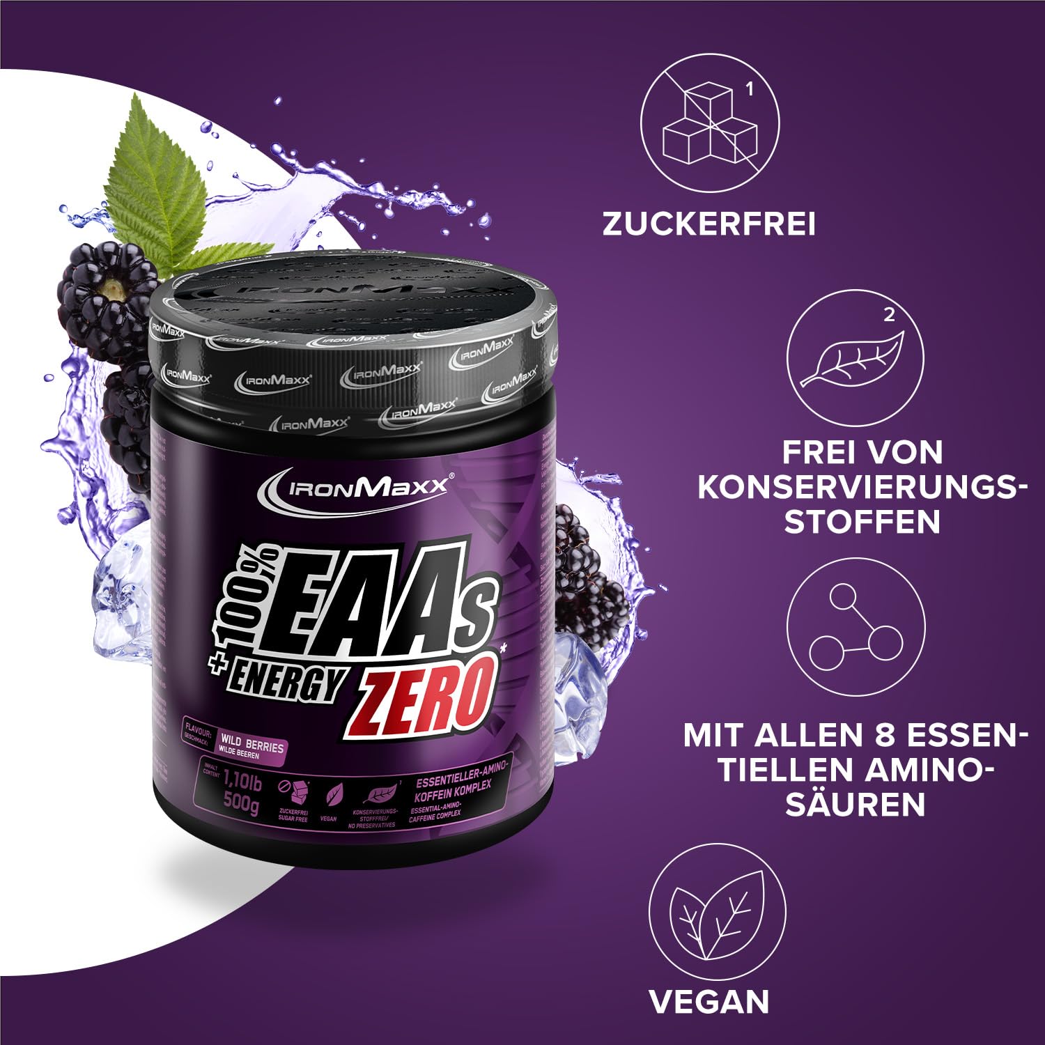 IronMaxx 100% EAAs + Energy Zero - Wild Berries 500g Dose | EAA-Pulver, vegan und zuckerfrei mit allen 8 essentiellen Aminosäuren | fruchtiger Geschmack, frei von Konservierungsstoffen