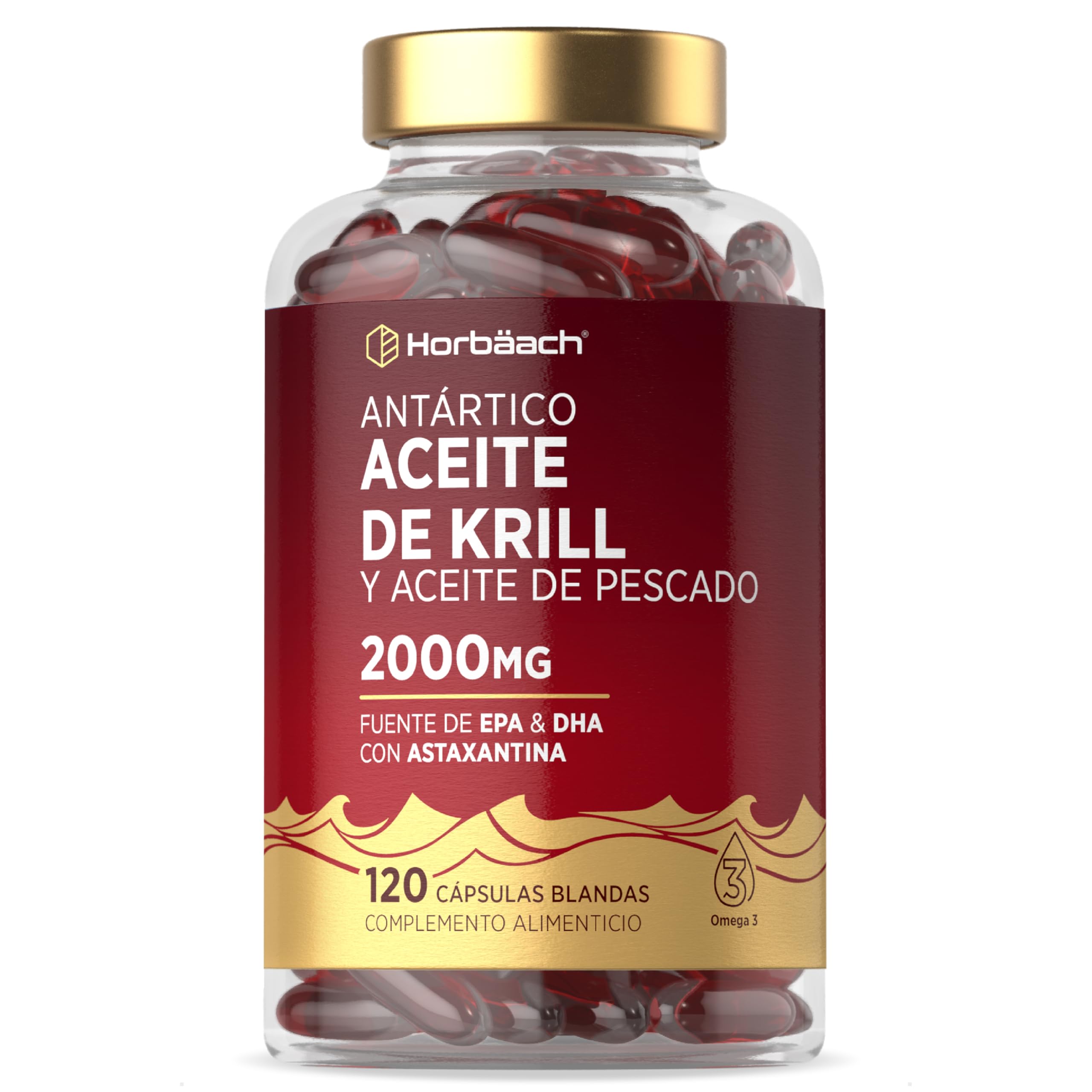Aceite de Krill Omega 3 Antártico 2000mg | Omega 3 con Astaxantina y Fosfolípidos | 1000mg por cápsula blanda | Ácidos Grasos EPA y DHA | Fish Oil | 120 Perlas | de Horbaach