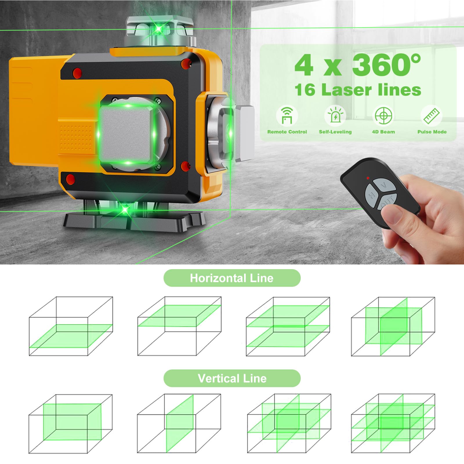 Livella Laser Autolivellante 4 X 360° Verde, Impermeabile, ±3° Livellamento Automatico, Per Costruzione e Appendere Quadri, 2 * 4800mAh batterie (16 Linee)