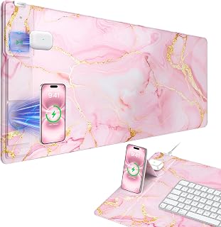 Wireless Charging Mouse Pad with Phone Holder, 31.5"x15.8" in, Pink Marble
