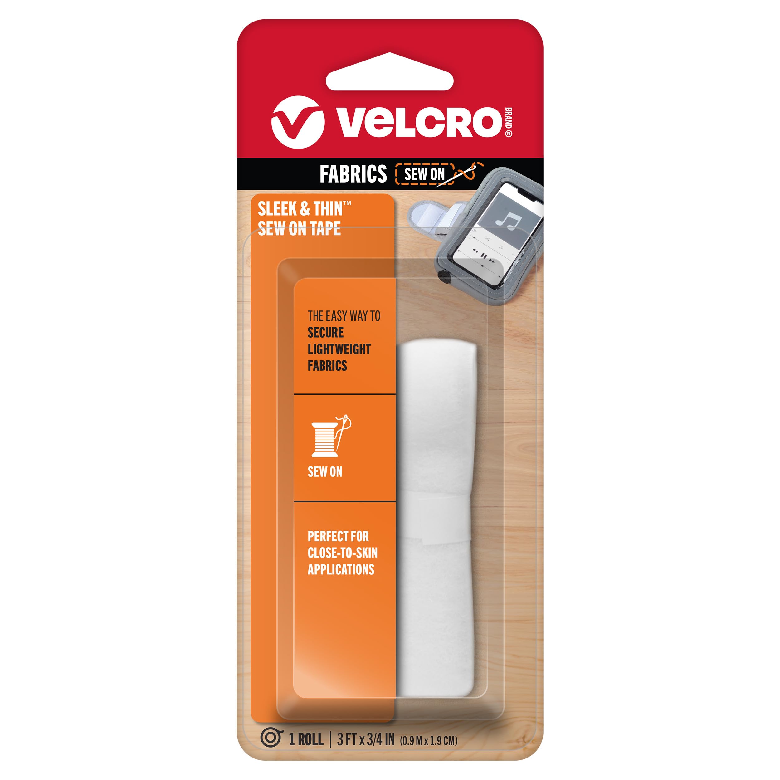 VELCRO BrandSleek and Thin for Fabrics | 3ft x 3/4in Tape, White | Soft on Skin Ultra Light with Sewing Lane Technology,